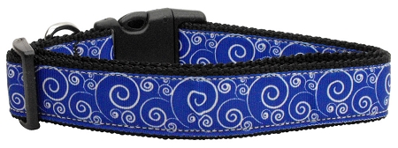 Blue and White Swirly Nylon Ribbon Dog Collars Medium